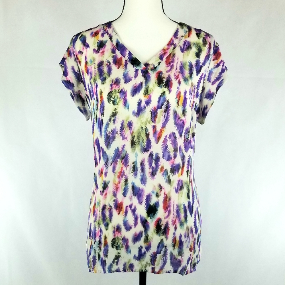 CAbi Multicolor Feather-Print V-Neck Blouse (White, Purple, Green, Pink)